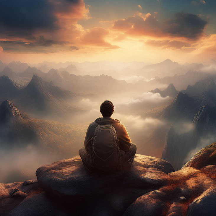 A man sitting on top of a mountain, gazing out over a vast, rugged mountainous landscape with dramatic clouds, symbolising peaceful solitude and outdoor video production insights.