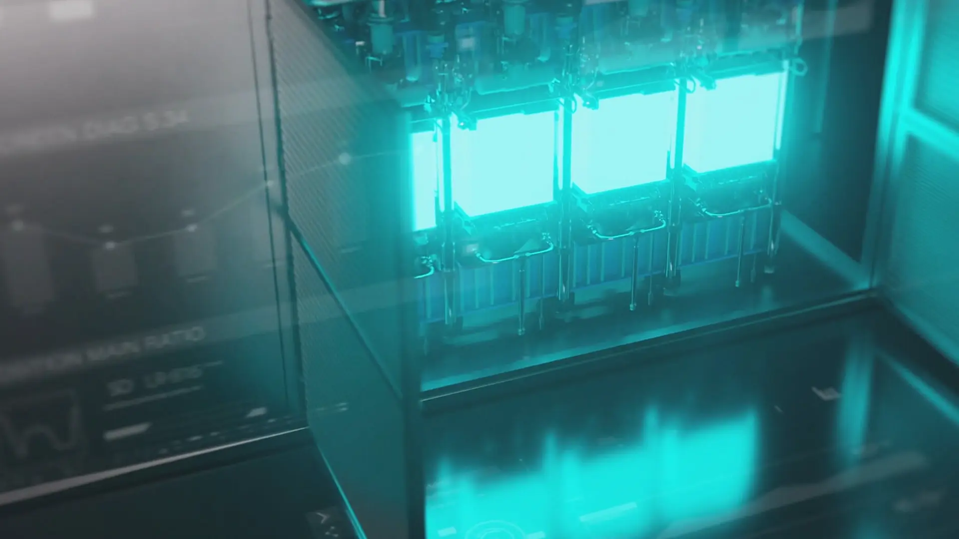Cinematic industrial 3D animation of the Neptune V electrolyser system featuring illuminated internal components, technical visualisation and engineering-focused storytelling for the green hydrogen sector by MUVE®